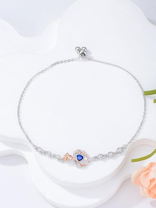 Birthstone Charm Link Bracelet 925 Sterling Silver Rose/Heart/Mom Bracelet with 12 Months Birthstone Mother's Day Gift Jewelry Gifts for Women,Chain Length 7"+2" Extend