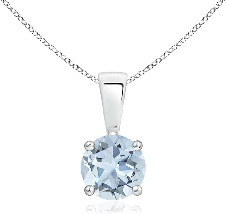 Angara Natural Aquamarine Solitaire Pendant for Women | Round Aquamarine Solitaire Pendant Necklace in 14K Solid Gold/Silver/Platinum With 18" Chain | March Birthday, Gemstone Jewelry Gift