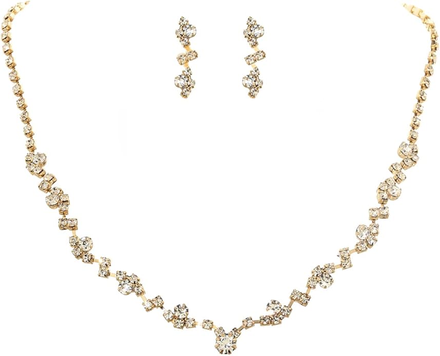 Unicra Bride Crystal Necklace Earrings Set Bridal Wedding Jewelry Sets Rhinestone Choker Necklace Costume Jewelry Set for Women and Brides (3 piece set - 2 earrings and 1 necklace)