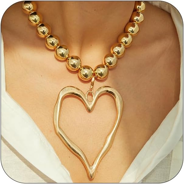 Unique Big Chunky Gold Heart Beads Necklace for Women, Charm Large Thick Hollow Love Heart Pendant Beaded Chain Choker Necklaces Party Y2K Jewelry Gift