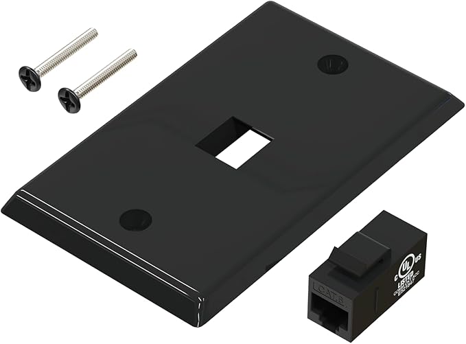 VCE Black Ethernet Wall Plate (UL-Listed), 1-Port CAT6 Wall Plate and Jack, RJ45 Keystone Wall Outlet with Single Gang Low Voltage Mounting Bracket, 2-Pack