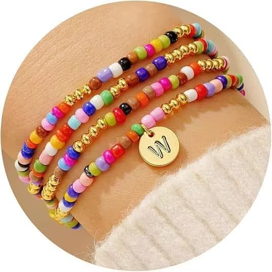 Set of 4 Colorful Bead Initial Bracelets, Personalized Stackable Jewelry, Adjustable Stretchy Charm Bracelets for Women, Beaded Bracelet Set, Trendy Custom Jewelry Gift