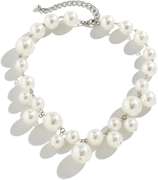 Chunky Pearls Statement Choker Necklace for Women,14K Gold Large Beaded Punk Ball Cluster Collar Necklace Party Dainty Jewelry Gift