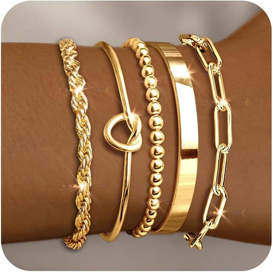 Gold Bracelets for Women 18k Gold Plated Bracelet Stack Bangle Cuff Bracelet Set for Women Non Tarnish Beaded/Paperclip/Cuban Link Chain Bracelets Jewelry for Women Trendy