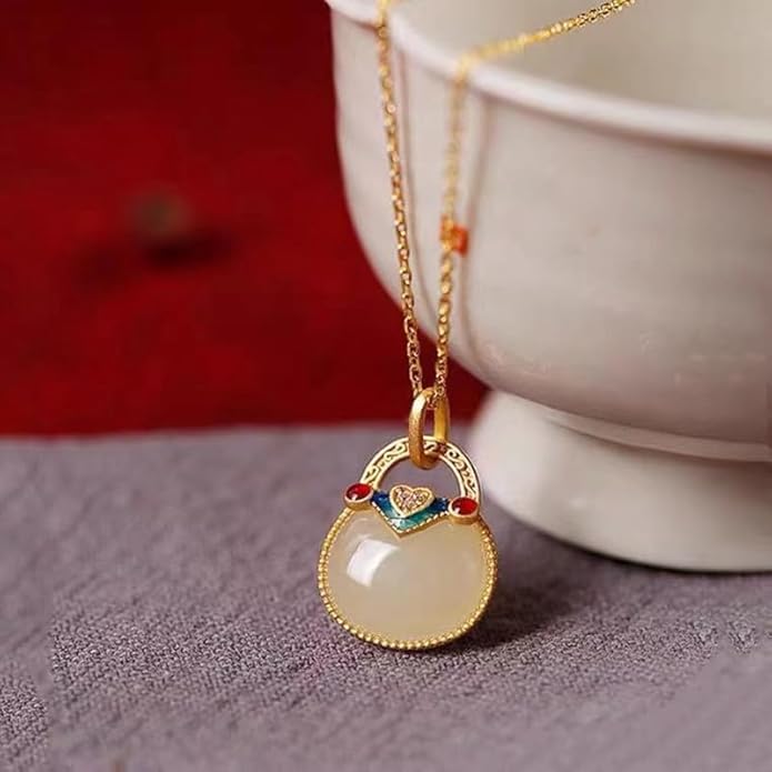 14K Gold Real Natural Jade Enamel Fortune Bag Necklace, Unique Vintage Style Jade Pendant, Delicate Jade Jewelry Gift for Wife's Prosperity