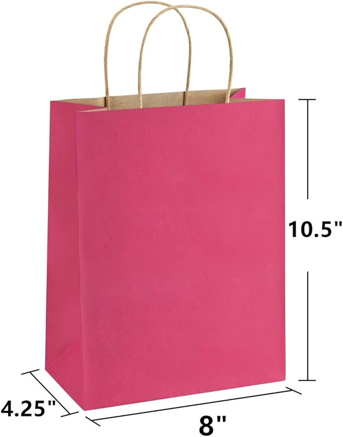 BagDream 25Pcs Hot Pink Gift Bags 8x4.25x10.5 Kraft Paper Gift Bags with Handles for Shopping, Small Business, Retail Merchandise Grocery, Birthday Party Favor, Medium Pink Paper Sacks