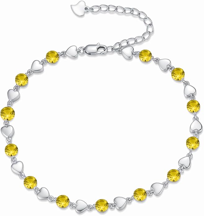 Birthstone Charm Link Bracelet 925 Sterling Silver Rose/Heart/Mom Bracelet with 12 Months Birthstone Mother's Day Gift Jewelry Gifts for Women,Chain Length 7"+2" Extend