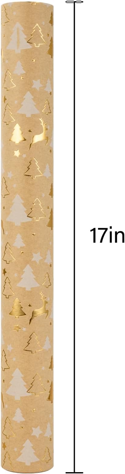 Garbendy Kraft Christmas Wrapping Paper Roll- 17 Inch X 32.8 Feet - Embossing 3D with Gold Foil Reindeer & Christams Tree Design for Christmas Holiday Party