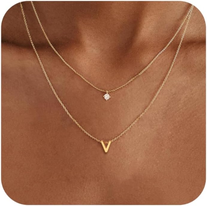 Layered Initial Necklaces for Women, 14k Gold Plated Letter Necklace Set Dainty Gold Initial Necklace Stack Cute Layering Choker Necklaces for Women Trendy Fashion Jewelry