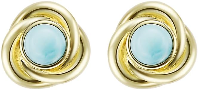 Larimar Stone Stud Earrings for Women, Gold Plated Brass