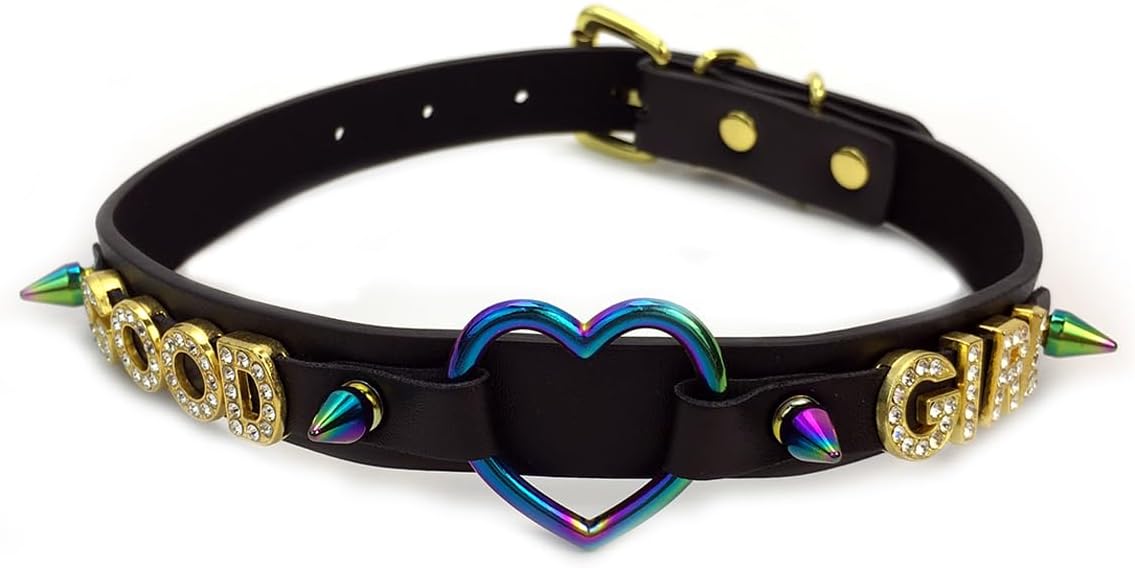 Succuba Handmade Heart Ring Rhinestone Letter Pu Leather Choker Collar Necklace for Women and Men