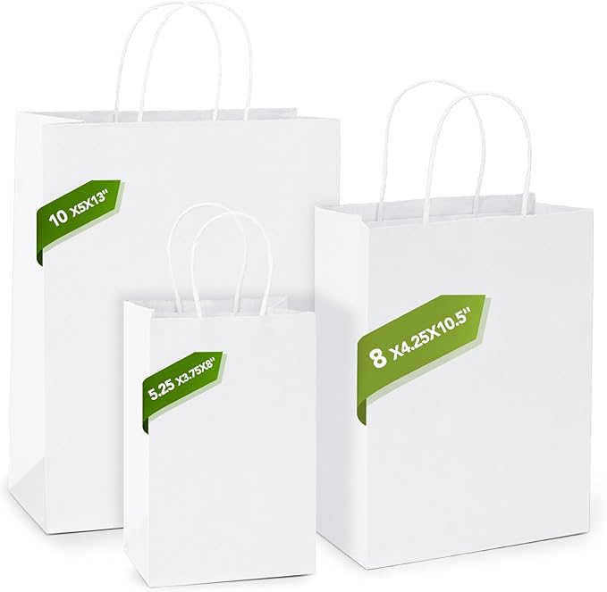 MESHA Paper Gift Bags 5.25x3.75x8 White Small Paper Bags with Handles Bulk,100 Pcs Kraft Paper Bag for Small Business,Birthday Wedding Party Favor Bag,Paper Shopping Bag