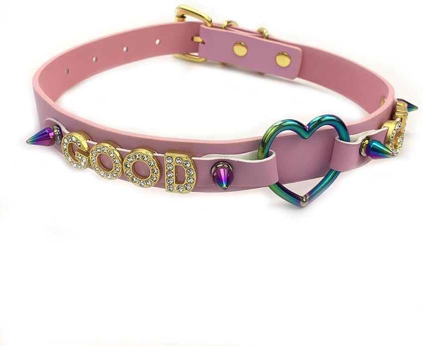 Succuba Handmade Heart Ring Rhinestone Letter Pu Leather Choker Collar Necklace for Women and Men
