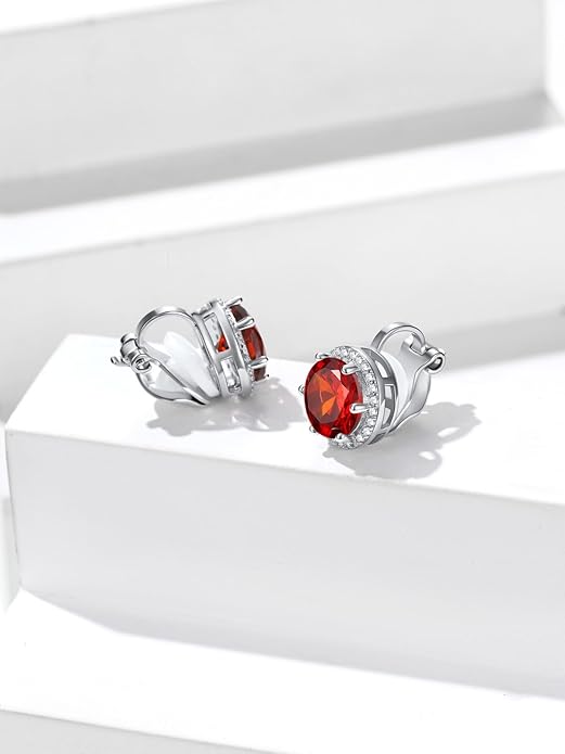 Silvora 925 Silver 8MM Cubic Zirconia Birthstone Clip On Stud Earrings Round Non Pierced Earrings For Women,Come with Box