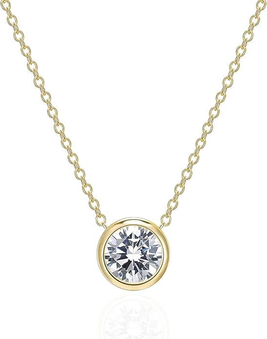 MISS MIMI Solitaire Cubic Zirconia Necklace for Women, 1–3 CT Round,Heart,Princess Cut CZ Options, Bezel or Prong Set in 925 Sterling Silver, Adjustable 16–20" Minimalist Everyday Jewelry
