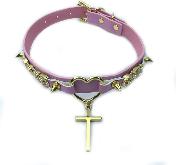 Succuba Handmade Heart Ring Rhinestone Letter Pu Leather Choker Collar Necklace for Women and Men