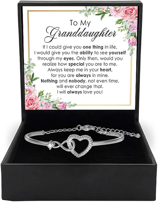 To My Granddaughter - Infinity Heart Bracelet Gift with Meaningful Card, Granddaughter Gifts from Grandma & Grandpa, Elegant Silver Jewelry for Birthday, Graduation, Christmas.
