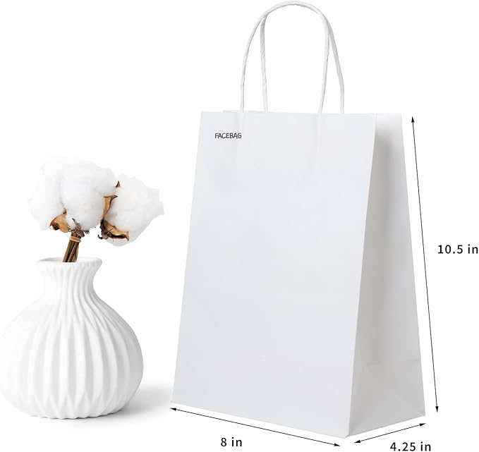 FACEBAG 50 PCS White Paper Bags with Handles Bulk, 8x4.25x10.5 Inches,Medium-sized White Gift Bags with Handles for Party Favors，Take-Out，Grocery Shopping & Retail，Reusable & Durable