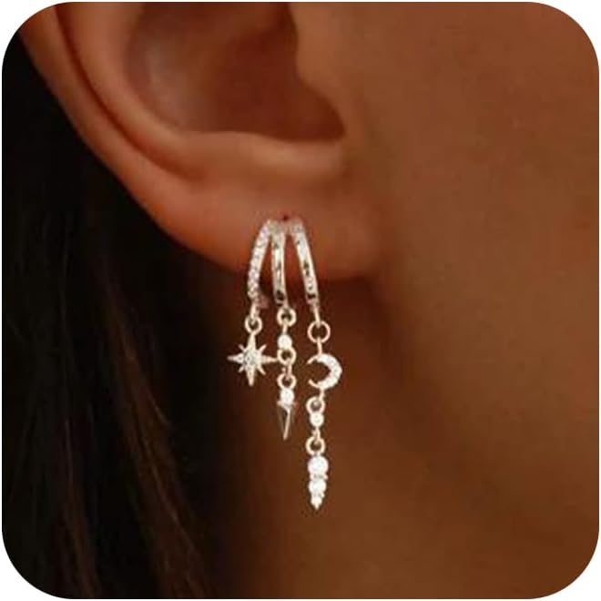 Dangle Earrings For Women,Dainty 14K Gold Plated Hypoallergenic Small Triple Huggie Hoop Earring Gothic Cute Cross Moon Star Drop Earrings For Women Trendy Gold Statement Stud Earring Jewelry