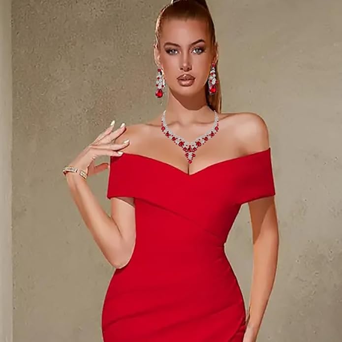 Bridal Bridesmaid Austrian Crystal Jewelry Set, Floarl rhinestone Statement Neckace Teardrop Necklace Drop Dangle Earrings Set