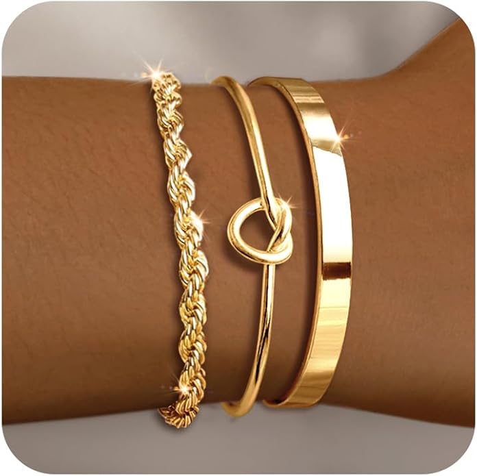 Gold Bracelets for Women 18k Gold Plated Bracelet Stack Bangle Cuff Bracelet Set for Women Non Tarnish Beaded/Paperclip/Cuban Link Chain Bracelets Jewelry for Women Trendy