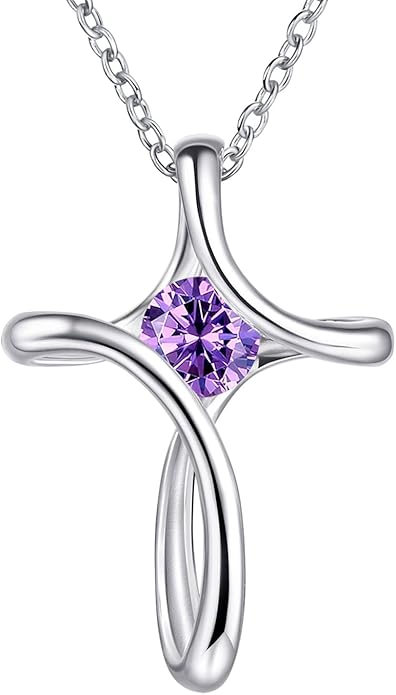 Cross Necklace for Women, 925 Sterling Silver Birthstone Necklace for Women with Diamond Sideways Cross Necklaces Birthstone Jewelry Birthday Gifts for Womens