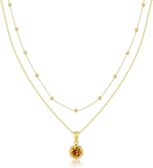 14K Gold-Plated Women's Double-Layer Birthstone Necklace Delicate Round Birthstone Pendant with a Simple Necklace, a Birthday Gift for Women Teenage Girls