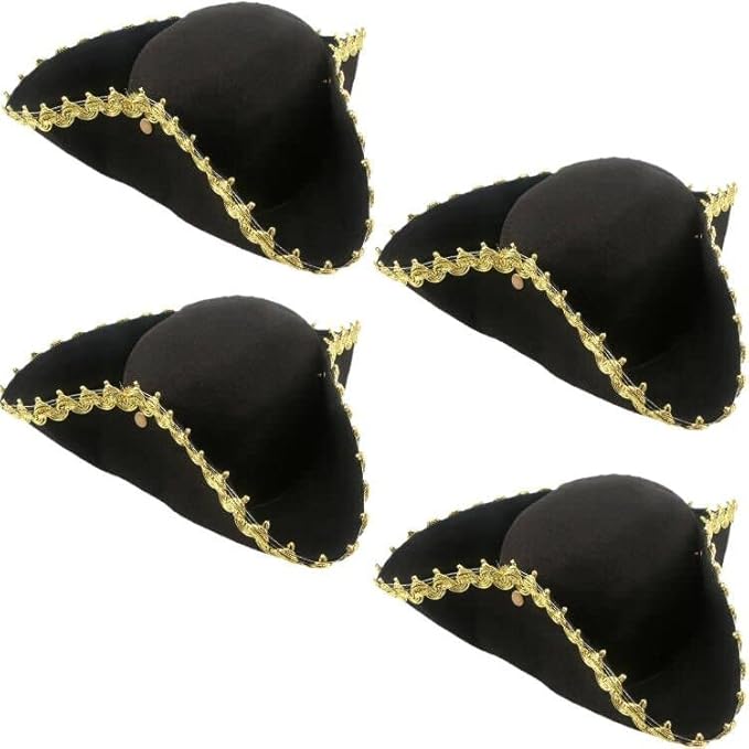 4 Pack Pirate Tricorn Hat Black Colonial Tri-Corner Hat with Gold Trimming for Pirate Theme Party Halloween Cosplay Masquerade Accessories