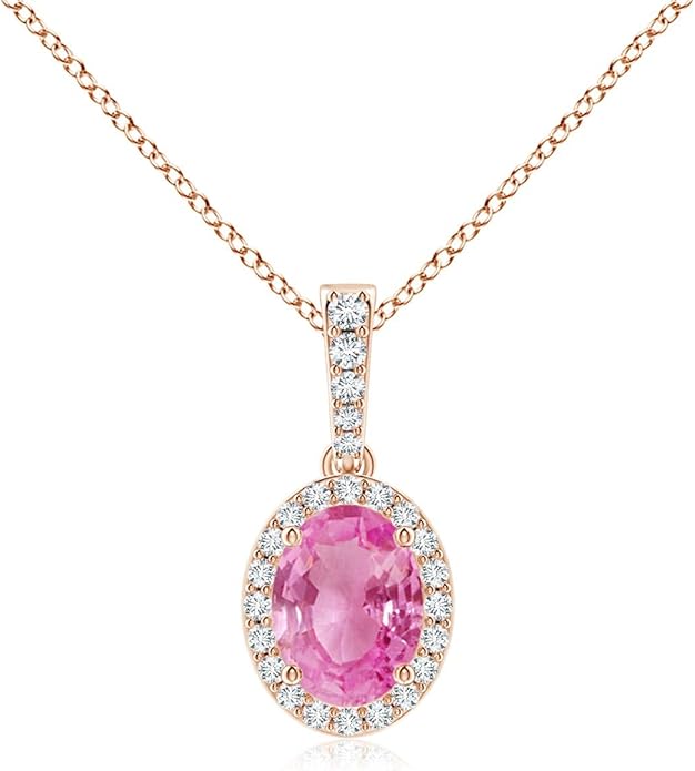 Angara Natural Pink Sapphire Pendant for Women | Vintage Style Oval Pink Sapphire Halo Pendant in 14K Solid Gold/Platinum With 18" Chain | Birthday, Anniversary, Gemstone Jewelry Gift