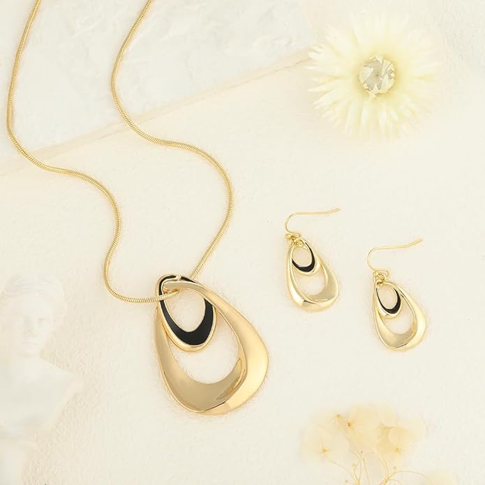 Madison Tyler Gold Plated Jewelry Set for Women | Silver Teardrop Pendant Necklace Trendy | Long Necklace with Snake Chain | Fashion Dangle Earring Set