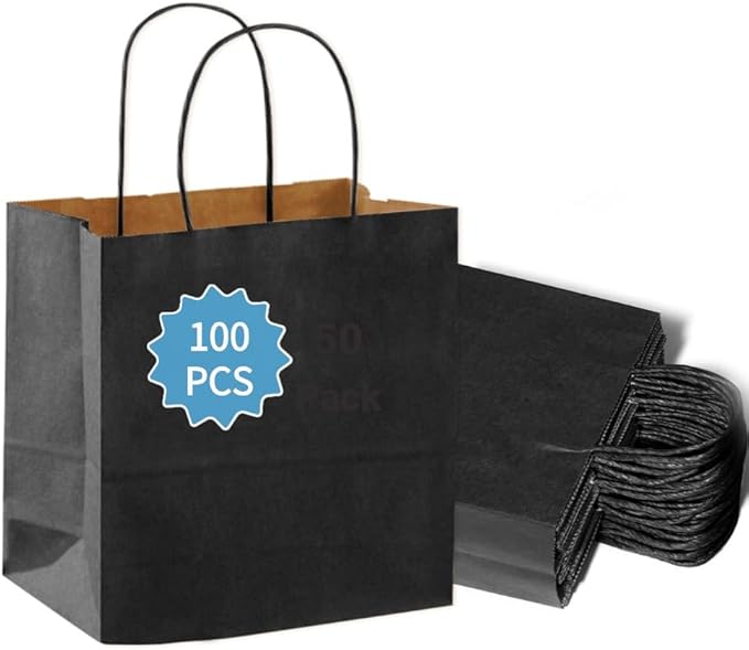 COGLARING 100Pcs Black Gift Bags with Handles - 11x5.9x11 Inch Kraft Paper Bags for Parties, Shopping, Grocery & Takeout - Bulk Black Paper Gift Bags