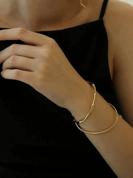 PERNNLA PEARL Dainty Gold Bar Bracelet for Women Simple Delicate Thin Cuff Bangle Hook Bracelet 18K Gold Plated Handmade Minimalist Jewelry