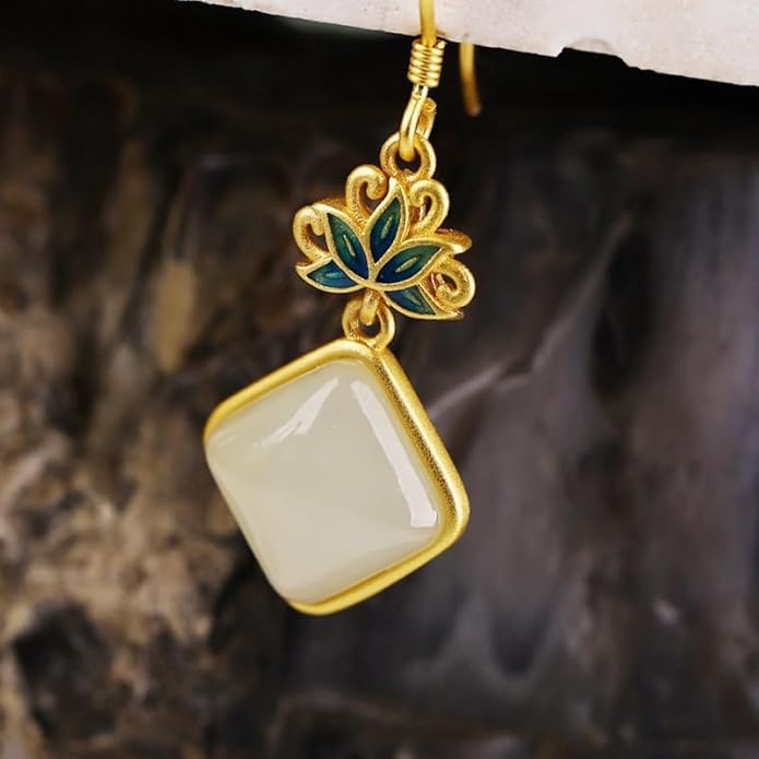 14K Gold over 925 Sliver Natural Jade Enamel Gradient Earrings, Round Lotus Design Drop Earrings, Elegant Jade Jewelry Gift for Mother's Serenity