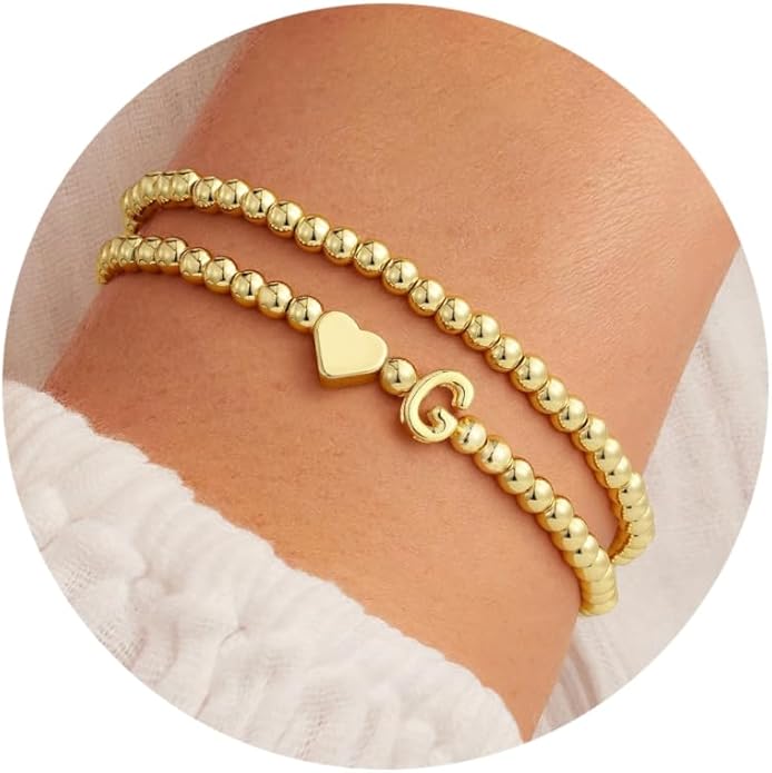 Ursteel Valentines Day Gifts for Her Women - Dainty 14K Gold Plated Beaded Bracelets for Women Trendy Letter A-Z Heart Jewelry Personalized Gifts
