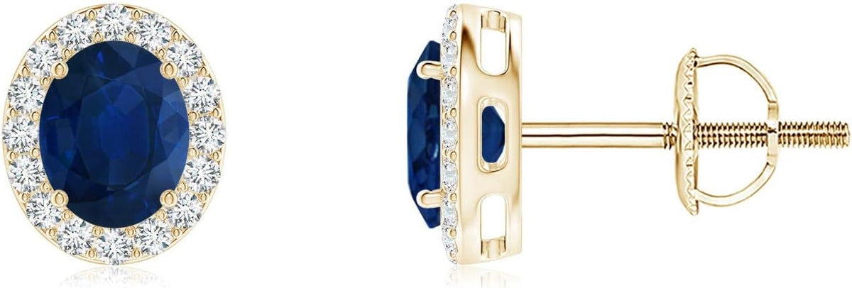 ANGARA Natural Blue Sapphire Earrings for Women | Prong-Set Oval Blue Sapphire Stud Earrings with Diamond Halo in 14K Solid Gold/Platinum | September Birthday, Anniversary, Gemstone Jewellery Gift