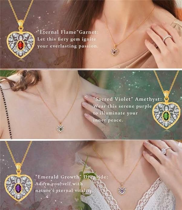 Raneecoco Natural Gemstone Necklace for Women 18K Gold Plated Sterling Silver Two-Tone Tree of Life & Love Heart Pendant Jewelry | Dainty Birthstone Gift For Her Mother Wife