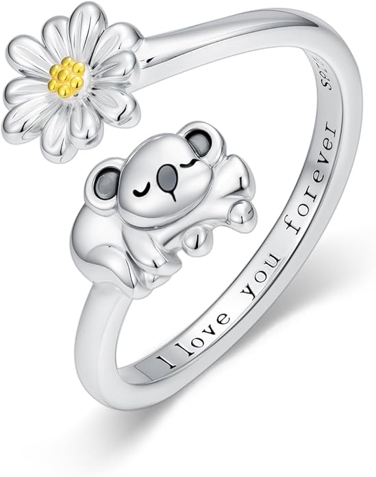 Animal Open Ring 925 Sterling Silver Koala/Panda/Highland Cow/Elephant Adjustable Ring Cute Animal Daisy Jewelry Gifts for Women