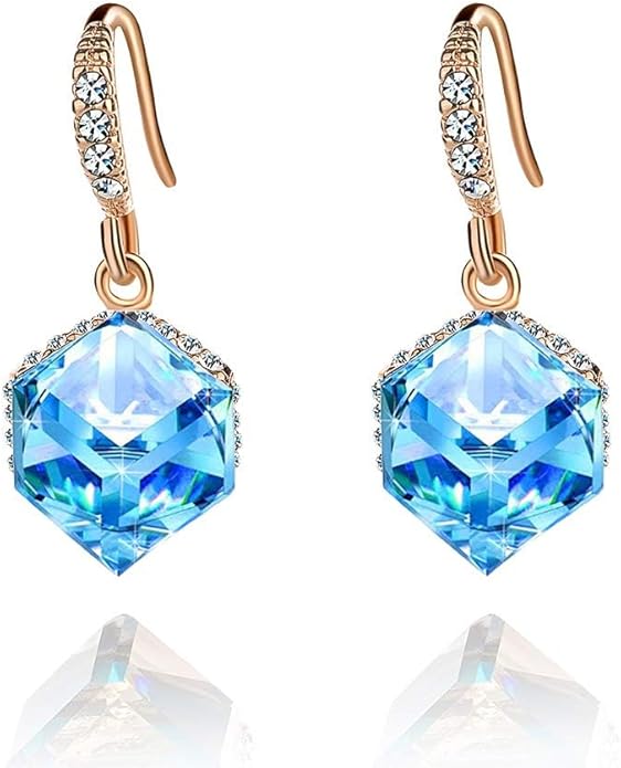 Austrian Crystal Cube Drop Dangle Earrings for Women 14K Gold Plated Hypoallergenic Jewelry