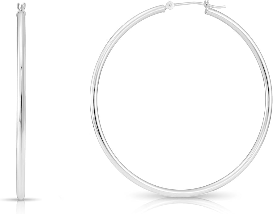 14k White Gold Classic Round Hoop Earrings
