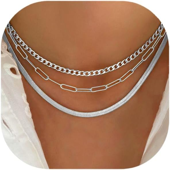 Gold Layered Necklaces for Women, 14K Gold Plated Dainty Gold Chain Choker Necklace Stack, Herringbone Gold Necklaces Set