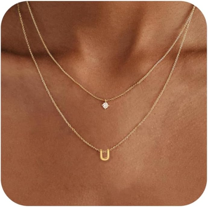 Layered Initial Necklaces for Women, 14k Gold Plated Letter Necklace Set Dainty Gold Initial Necklace Stack Cute Layering Choker Necklaces for Women Trendy Fashion Jewelry