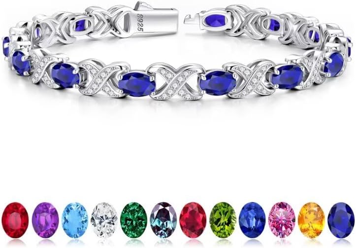 Iefil Valentines Day Gifts for Her, Oval Birthstone Tennis Bracelets for Women Wife Unique X O Design Fine Jewelry Anniversary Birthday Gift 925 Sterling Silver Birthstone Jewelry for Mom Girlfriend