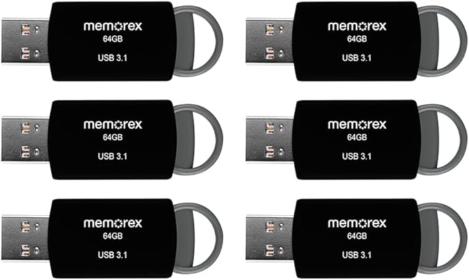 64GB Memorex USB 3.1 Flash Drive – Transfer Speeds Up to 10x Faster Than USB 2.0, Latest USB 3.1 Gen 1 Technology, Lightweight Design, for Daily File Management, Type-A Connector, 6-Pack