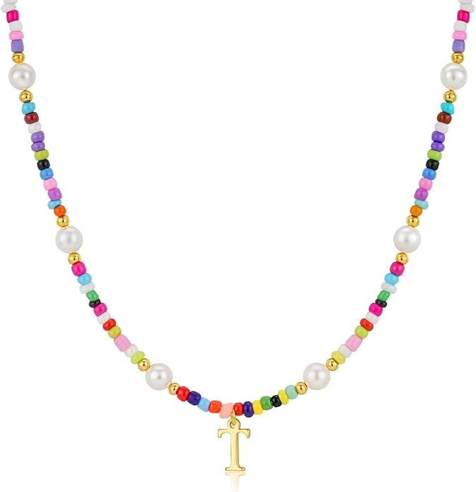 M MOOHAM Valentines Day Gifts for Kids Teen Girls - Colorful Initial Necklaces for Girls Women Kids, Beaded Pearl Choker Necklace for Women Trendy, Birthday Gifts Teenage Girl Teen Kid Jewelry