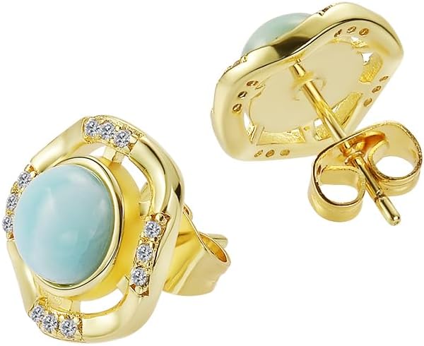 Larimar Stone Stud Earrings for Women, Gold Plated Brass