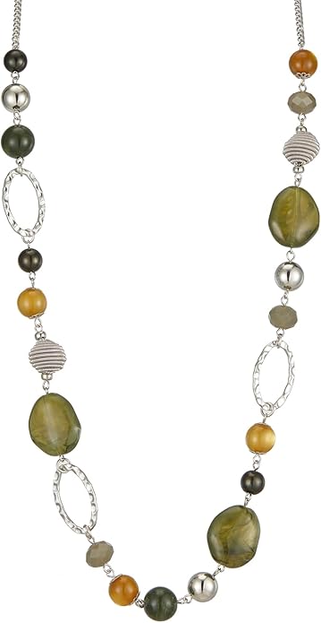 BULINLIN Beaded Long Necklace for Women Silver Sweater Chain Necklace with Crystal Resin Beads, Fashion Jewelry Necklace