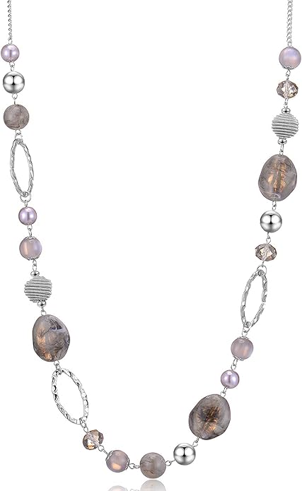 BULINLIN Beaded Long Necklace for Women Silver Sweater Chain Necklace with Crystal Resin Beads, Fashion Jewelry Necklace