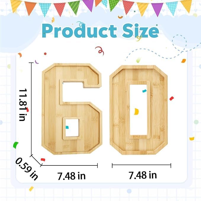 Brainy 60th Birthday Party Supplies Trays Number Charcuterie Tray Wooden Serving Anniversary Number Charcuterie Tray for 60th Birthday Anniversary Party Decorations Chocolate Candy Container