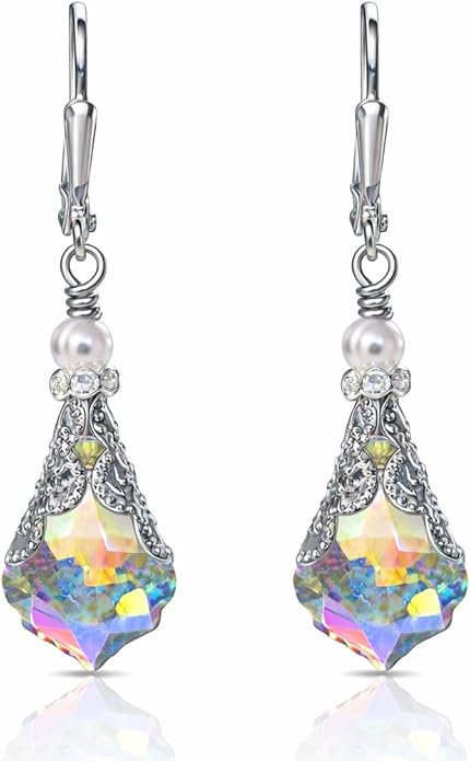 Antique Inspired Vintage Victorian Dangle Drop Earrings for Women - Colored Austrian Crystal Leverback Earrings - Jewelry Gift for Her
