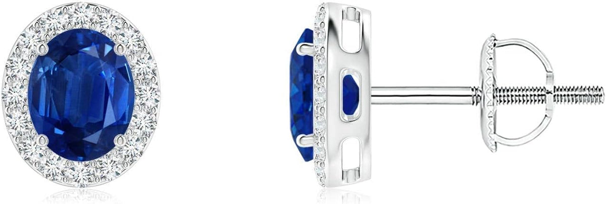 ANGARA Natural Blue Sapphire Earrings for Women | Prong-Set Oval Blue Sapphire Stud Earrings with Diamond Halo in 14K Solid Gold/Platinum | September Birthday, Anniversary, Gemstone Jewellery Gift